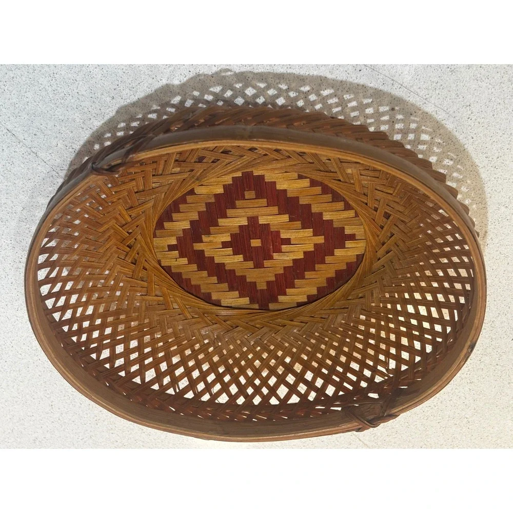 Vintage Woven Bamboo Basket Oval Lattice Diamond Pattern Boho Decor